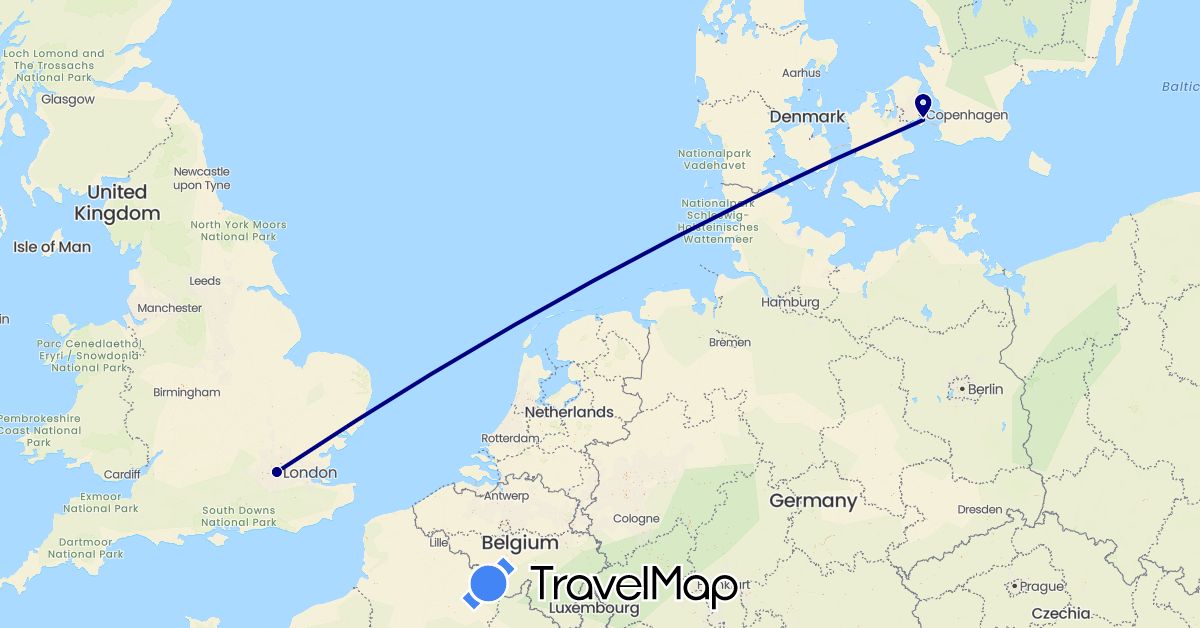 TravelMap itinerary: driving in Denmark, United Kingdom (Europe)